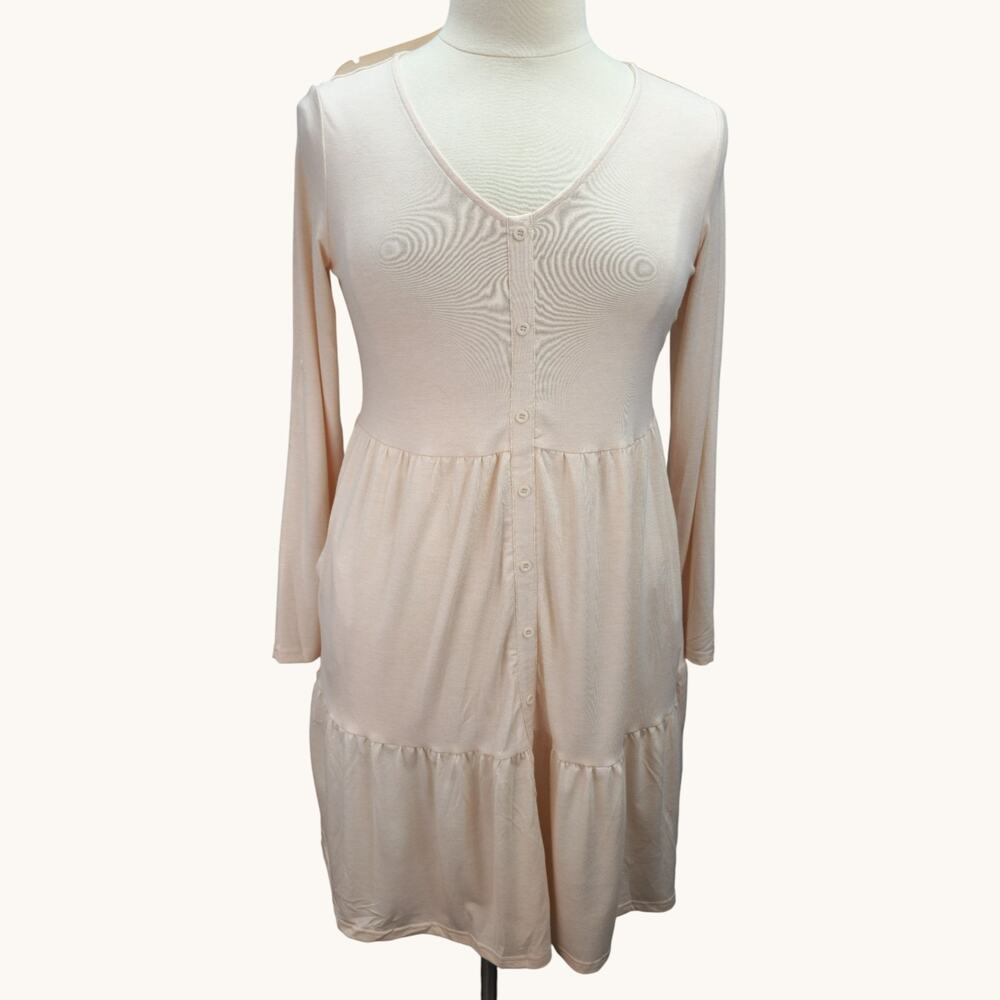 NWT Dokotoo Dress Women MED Light Pink Tiered Long Sleeve Buttons Cottagecore - Picture 2 of 12